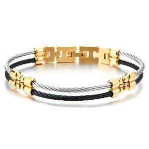 Mens Womens Steel Two-row Twisted Cable Bangle Bracelet with Charms, Silver Gold Black