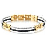 Mens Womens Steel Two-row Twisted Cable Bangle Bracelet with Charms, Silver Gold Black
