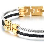 Mens Womens Steel Two-row Twisted Cable Bangle Bracelet with Charms, Silver Gold Black