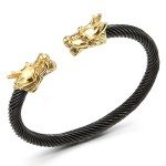 COOLSTEELANDBEYOND Adjustable Mens Gold Black Dragon Bracelet, Steel Twisted Cable Bangle Cuff Bracelet, Polished