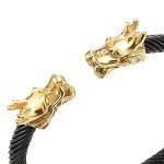 COOLSTEELANDBEYOND Adjustable Mens Gold Black Dragon Bracelet, Steel Twisted Cable Bangle Cuff Bracelet, Polished