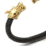 COOLSTEELANDBEYOND Adjustable Mens Gold Black Dragon Bracelet, Steel Twisted Cable Bangle Cuff Bracelet, Polished