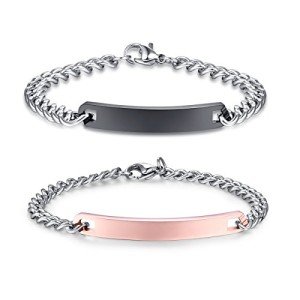 NEHZUS Mens and Womens Custom Engraving Stainless Steel Bracelets Personalized Gift for Couples (Rose Gold&Black)