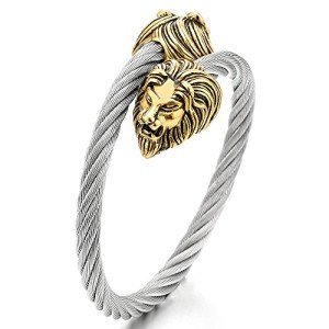 COOLSTEELANDBEYOND Mens Adjustable Stainless Steel Twisted Cable Cuff Bangle Bracelet with Vintage Gold Color Lion Head