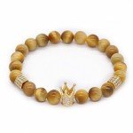 POSHFEEL 8mm Black Onyx Stone Micro Pave CZ Zirconia King Crown Charm Stretch Bracelet for Men, 7.5" (Gold)