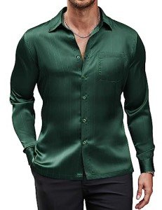 Men's Army Green Satin Dress Shirt