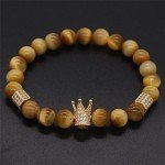 POSHFEEL 8mm Black Onyx Stone Micro Pave CZ Zirconia King Crown Charm Stretch Bracelet for Men, 7.5" (Gold)