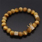 POSHFEEL 8mm Black Onyx Stone Micro Pave CZ Zirconia King Crown Charm Stretch Bracelet for Men, 7.5" (Gold)