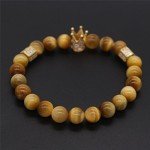 POSHFEEL 8mm Black Onyx Stone Micro Pave CZ Zirconia King Crown Charm Stretch Bracelet for Men, 7.5" (Gold)