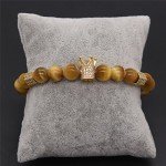 POSHFEEL 8mm Black Onyx Stone Micro Pave CZ Zirconia King Crown Charm Stretch Bracelet for Men, 7.5" (Gold)