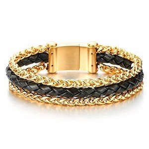 COOLSTEELANDBEYOND Mens Steel Gold Color Wheat Chain and Black Braided Leather Bracelet with Magnetic Clasp, Three-Row