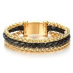 COOLSTEELANDBEYOND Mens Steel Gold Color Wheat Chain and Black Braided Leather Bracelet with Magnetic Clasp, Three-Row