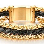 COOLSTEELANDBEYOND Mens Steel Gold Color Wheat Chain and Black Braided Leather Bracelet with Magnetic Clasp, Three-Row