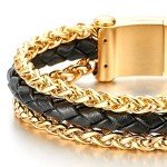 COOLSTEELANDBEYOND Mens Steel Gold Color Wheat Chain and Black Braided Leather Bracelet with Magnetic Clasp, Three-Row