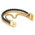 COOLSTEELANDBEYOND Mens Steel Gold Color Wheat Chain and Black Braided Leather Bracelet with Magnetic Clasp, Three-Row