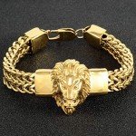 W/W Lifetime Mens Bracelet Stainless Steel Heavy 12mm Double Franco Chain Lion Head Bracelet Jewelry Men Biker…, Gold, Stainless Steel