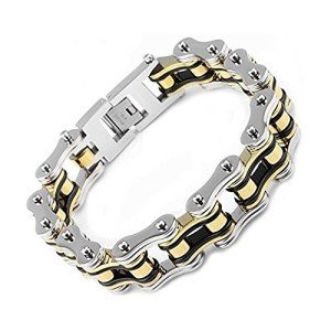 Qiaonitu 16mm Heavy Mens Motorcycle Bike Biker Chain Bracelet of Stainless Steel Two-Tone High Polished (Gold Silver)