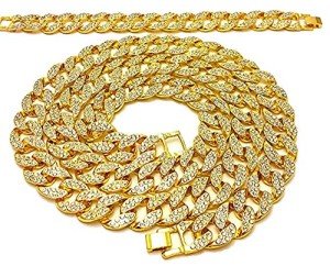 Mens Iced Out Hip Hop Gold Finish CZ Miami Cuban Link Chain Necklace and Bracelet Set (9" Bracelet & 30" Chain)