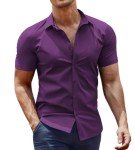Men's Purple Short Sleeve Muscle Fit Dress Shirt