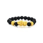 Chow Sang Sang Cultural Blessing 999 24K Solid Gold Pixiu with 15 Black Chalcedony Beads Beaded Bracelet for Men 91338B | Size 6 (Wrist Size:14-15 CM)