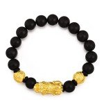 Chow Sang Sang Cultural Blessing 999 24K Solid Gold Pixiu with 15 Black Chalcedony Beads Beaded Bracelet for Men 91338B | Size 6 (Wrist Size:14-15 CM)