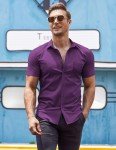 Men's Purple Short Sleeve Muscle Fit Dress Shirt