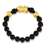 Chow Sang Sang Cultural Blessing 999 24K Solid Gold Pixiu with 15 Black Chalcedony Beads Beaded Bracelet for Men 91338B | Size 6 (Wrist Size:14-15 CM)