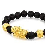 Chow Sang Sang Cultural Blessing 999 24K Solid Gold Pixiu with 15 Black Chalcedony Beads Beaded Bracelet for Men 91338B | Size 6 (Wrist Size:14-15 CM)