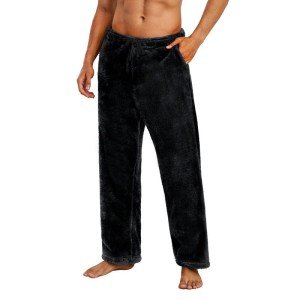 Vulcanodon Mens Plush Warm Pajama Pants, Fluffy Soft Fleece Sleep Pant with Pockets Lounge Pj Bottoms for Men (Black, L)