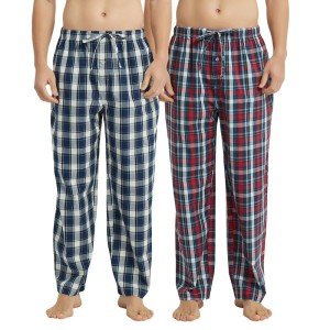 Vulcanodon 2 Pack Men's Cotton Pajama Pants, Soft Woven Pajama Pants for Men Plaid Pj Bottoms(NAVY+RED-BLUE,L)