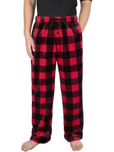 Mens Plush Pajama Pants Soft Flannel Fleece Pajama Lounge Sleep Pant Christmas Plaid Fuzzy Lounge Sleepwear Pj Bottoms, Black and Red Buffalo Plaid, Large