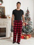 Mens Plush Pajama Pants Soft Flannel Fleece Pajama Lounge Sleep Pant Christmas Plaid Fuzzy Lounge Sleepwear Pj Bottoms, Black and Red Buffalo Plaid, Large