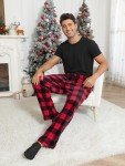 Mens Plush Pajama Pants Soft Flannel Fleece Pajama Lounge Sleep Pant Christmas Plaid Fuzzy Lounge Sleepwear Pj Bottoms, Black and Red Buffalo Plaid, Large