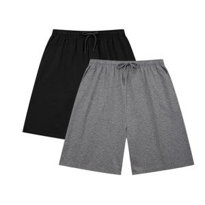 HomyComy Men's Cotton Pajama Bottoms Drawstring Sleep Lounge Shorts Sleepwear Black/Grey