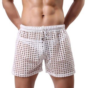 GENEMEN Mens Mesh Shorts Hollow Out Fishnet Boxer Lounge Bottoms Sexy Pajamas (White, L)