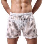 GENEMEN Mens Mesh Shorts Hollow Out Fishnet Boxer Lounge Bottoms Sexy Pajamas (White, L)