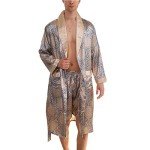 BridalAffair Men's Summer Luxurious Kimono Soft Satin Robe Long-Sleeve Nightgown Printed Pajamas Bathrobes, Blue Gold, Medium-Large