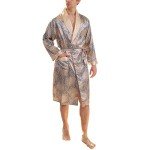 BridalAffair Men's Summer Luxurious Kimono Soft Satin Robe Long-Sleeve Nightgown Printed Pajamas Bathrobes, Blue Gold, Medium-Large