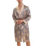 BridalAffair Men's Summer Luxurious Kimono Soft Satin Robe Long-Sleeve Nightgown Printed Pajamas Bathrobes, Blue Gold, Medium-Large