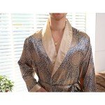 BridalAffair Men's Summer Luxurious Kimono Soft Satin Robe Long-Sleeve Nightgown Printed Pajamas Bathrobes, Blue Gold, Medium-Large