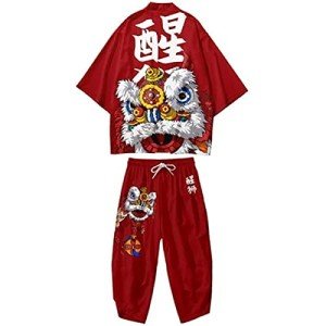 Men's Japanese Style Kimono Tops Pants Sets Chinese Robes Kimono Pajamas Suit Seven Sleeves Cardigan & Shorts, Style-8, Medium