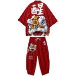 Men's Japanese Style Kimono Tops Pants Sets Chinese Robes Kimono Pajamas Suit Seven Sleeves Cardigan & Shorts, Style-8, Medium