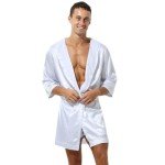 IBAKOM Men Pajama Satin Robe Hooded Bathrobe Sleepwear Long Sleeve Hoodie Sleep Robes Nightgown Nightwear, White, X-Large