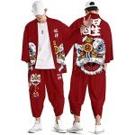 Men's Japanese Style Kimono Tops Pants Sets Chinese Robes Kimono Pajamas Suit Seven Sleeves Cardigan & Shorts, Style-8, Medium