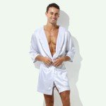 IBAKOM Men Pajama Satin Robe Hooded Bathrobe Sleepwear Long Sleeve Hoodie Sleep Robes Nightgown Nightwear, White, X-Large