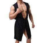 Lu's Chic Men's Silk Kimono Robe Hooded Bathrobe Sleeveless Lightweight Sleepwear Pajamas Black Small