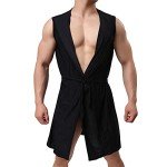 Lu's Chic Men's Silk Kimono Robe Hooded Bathrobe Sleeveless Lightweight Sleepwear Pajamas Black Small