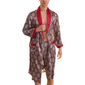 Lu's Chic Men's Satin Pajama Set Silk Robe Boxer Underwear Long Sleeves Pockets Loungewear Kit Red US L (Tag3XL)