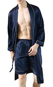 Lavnis Men's Satin Bathrobe Nightgown Casual Kimono Robe Loungewear Sleepwear Pajama Set with Shorts, Blue, Large