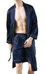 Lavnis Men's Satin Bathrobe Nightgown Casual Kimono Robe Loungewear Sleepwear Pajama Set with Shorts, Blue, Large